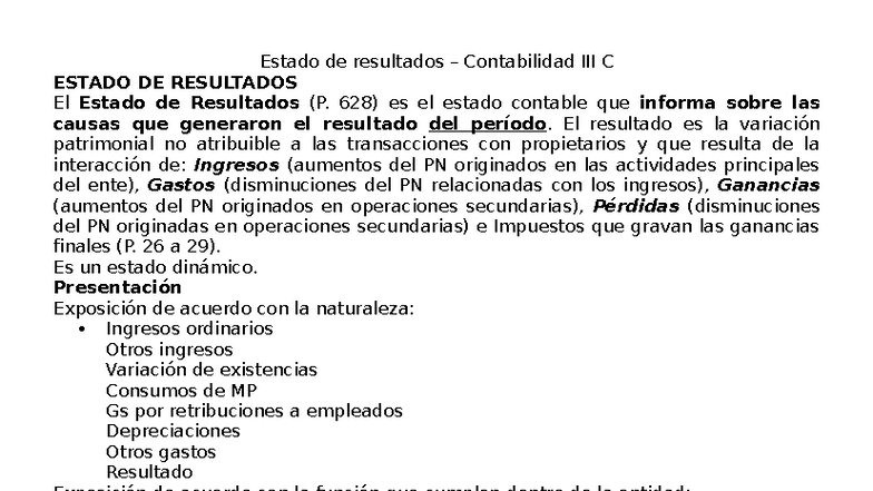 Estado de Resultados Contabilidad C - Análisis y Presentación - Studocu