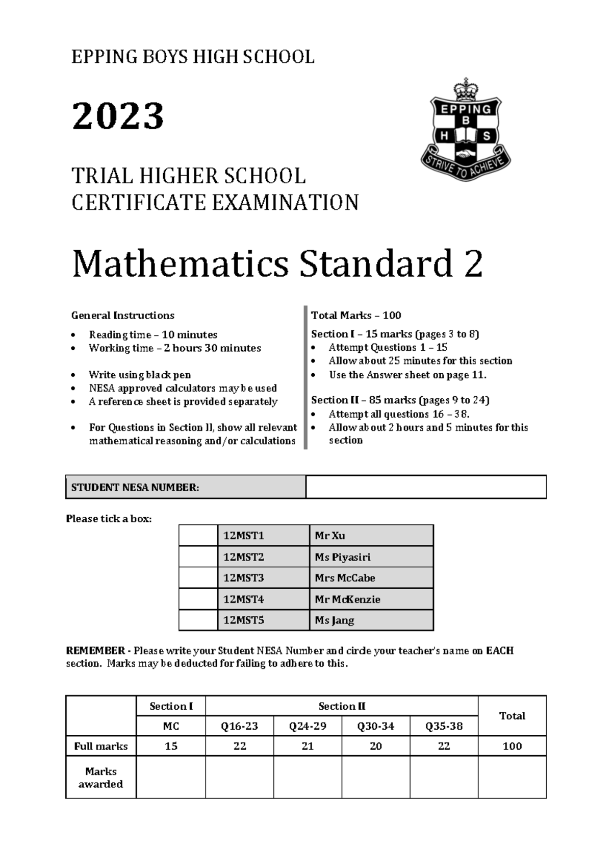 2023 EPPING BOYS HSC Trial Mathematics Standard 2 Exam - Studocu
