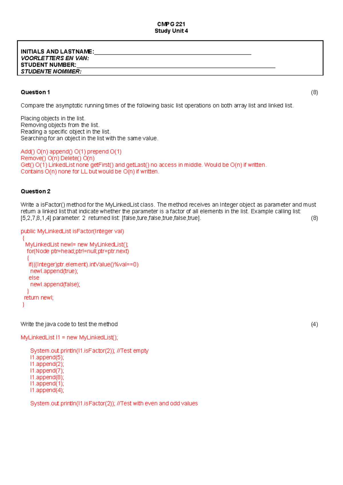 CMPG 221 Semester Test 2 SU4 Memo: Asymptotic List Operations - Studocu