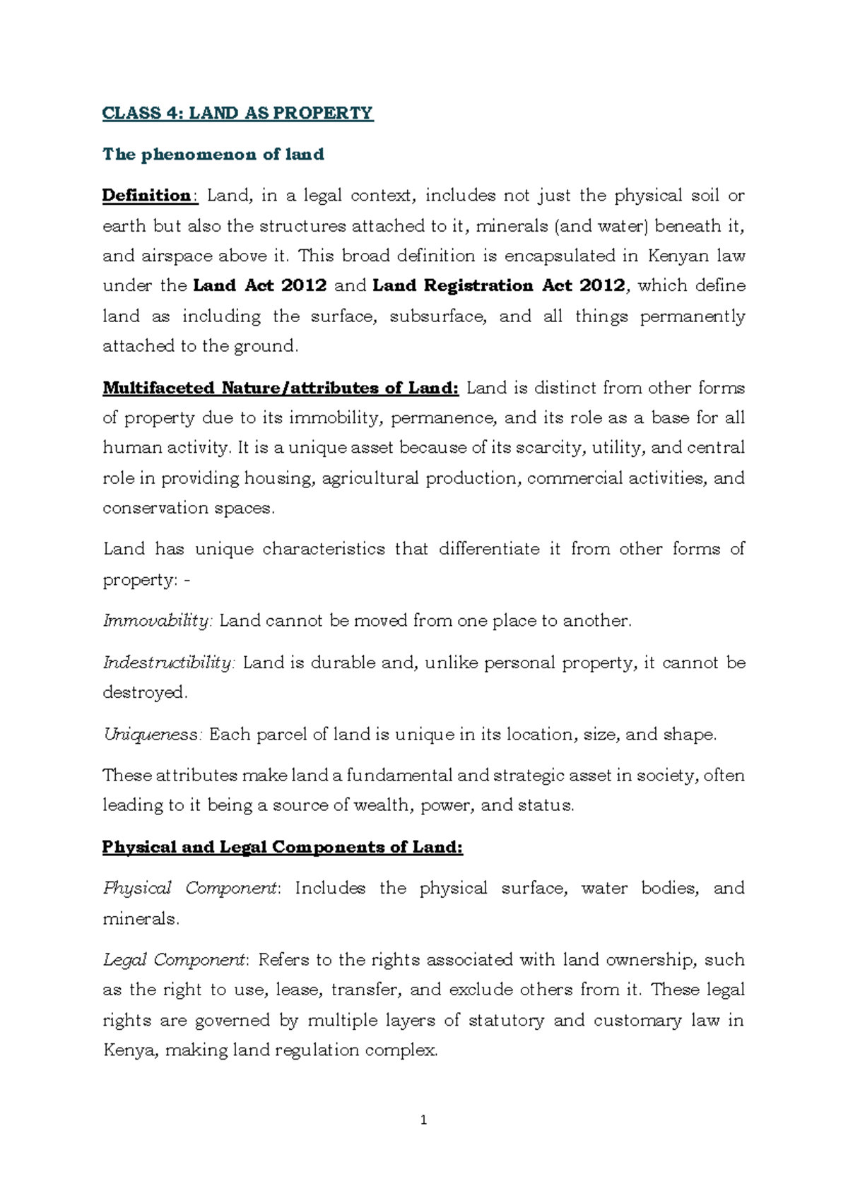CLASS 4: LAND AS PROPERTY - Understanding Legal and Economic Aspects ...