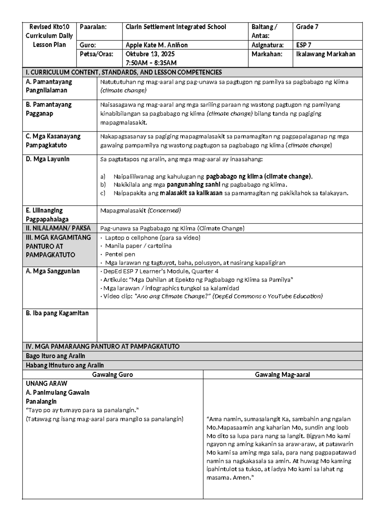Revised Daily Lesson Plan for Grade 7 ESP 7: Climate Change Awareness ...