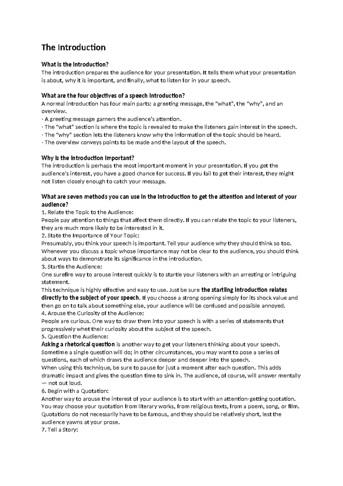 Questions about theSegments Of a Speech - The Introduction What is the ...