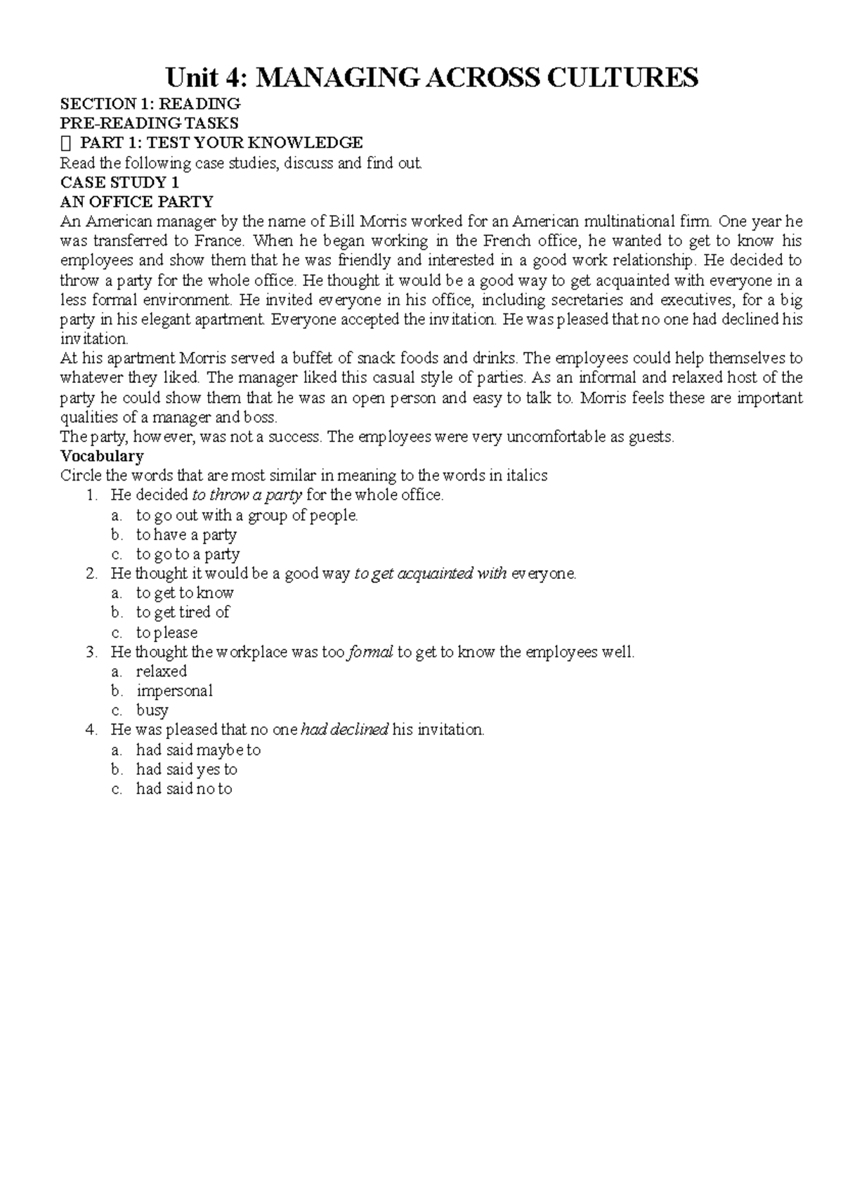 Bản sao của Copy of UNIT 4 - Managing Across Culture - Unit 4: MANAGING ...