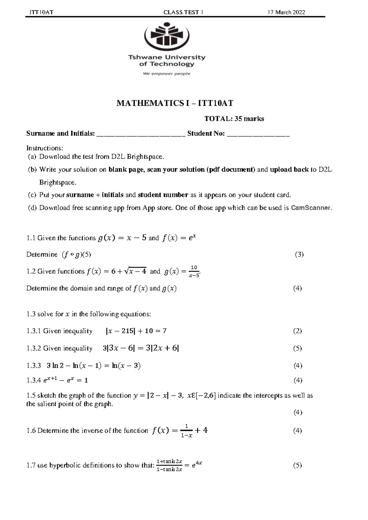 ITT10AT Class Test 1 Mathematics I - SEM1 2022 - Studocu