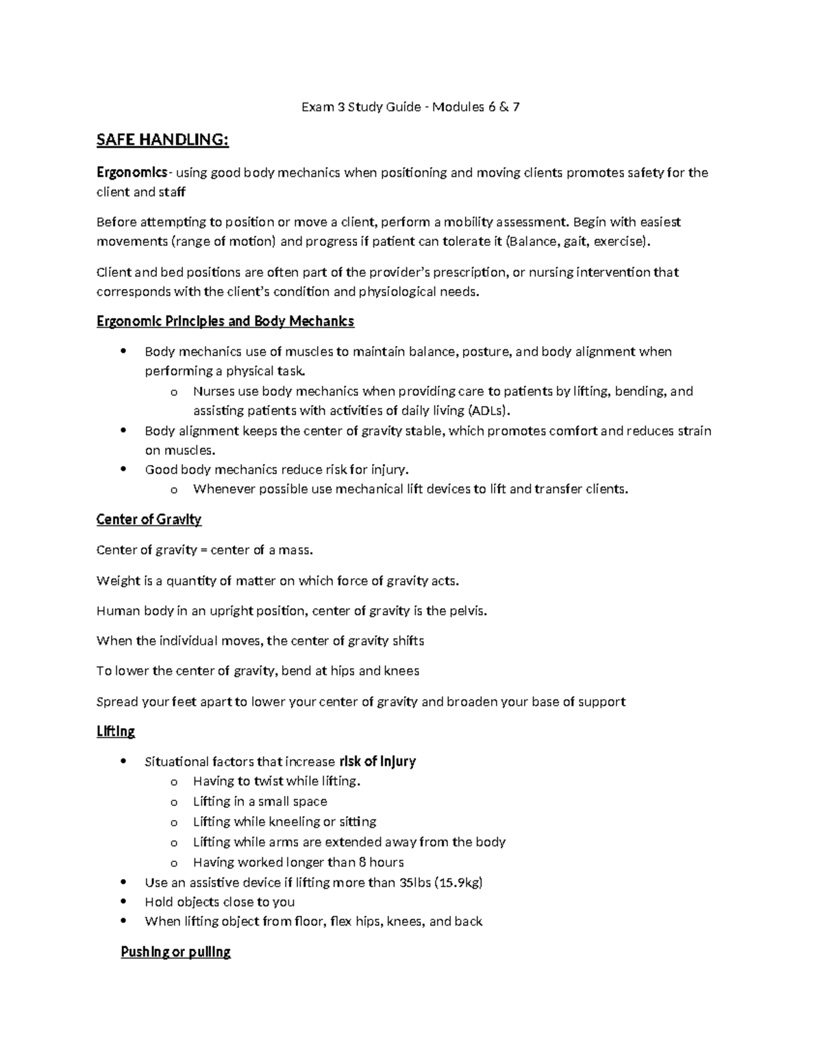 215 Exam 3 Study Guide: Safe Client Handling & Body Mechanics - Studocu