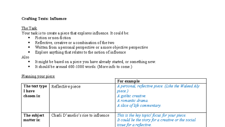 Crafting Texts - Planning sheet - Crafting Texts: Influence The Task ...