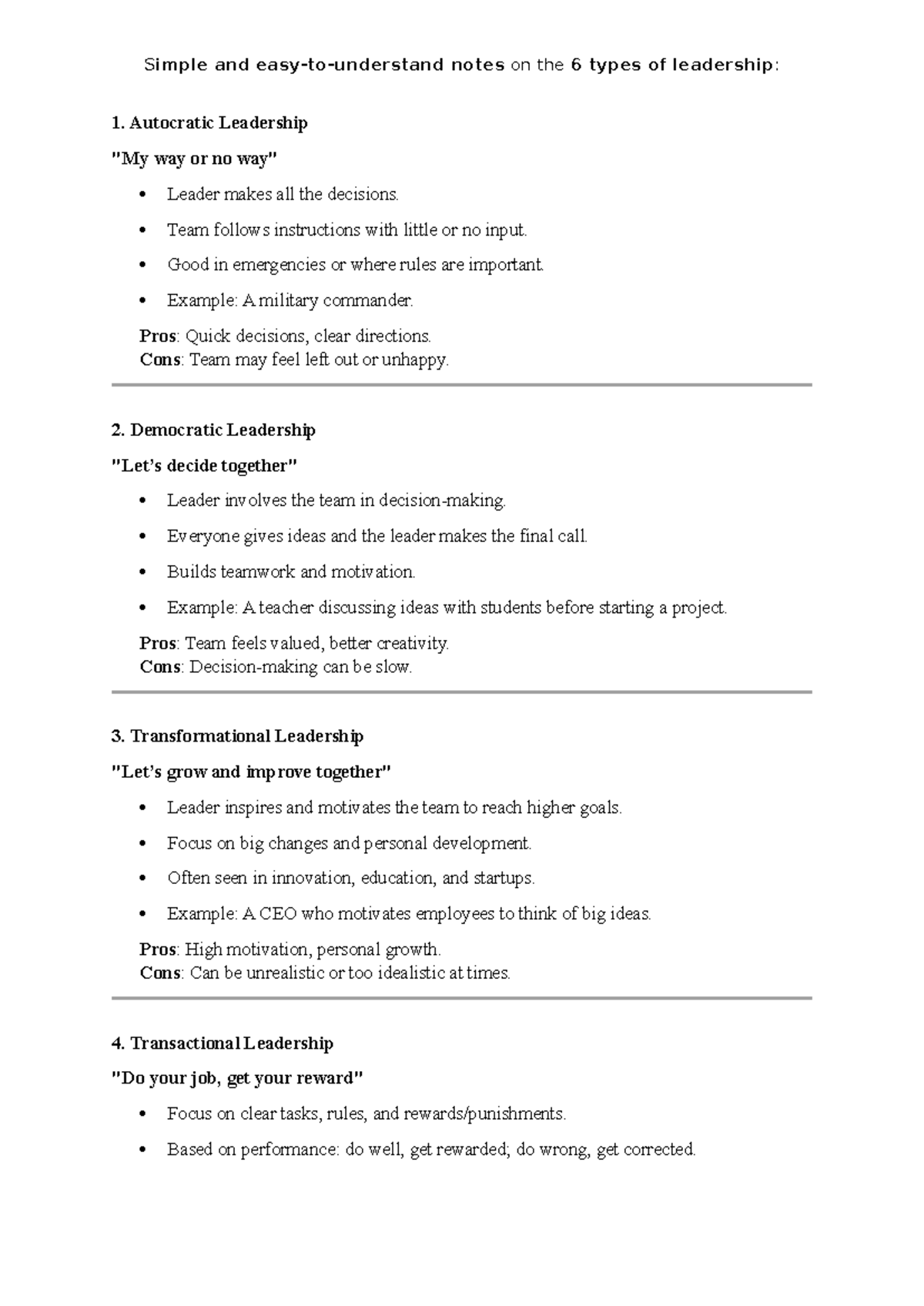 Simple Notes on 6 Leadership Types: Autocratic to Transactional - Studocu