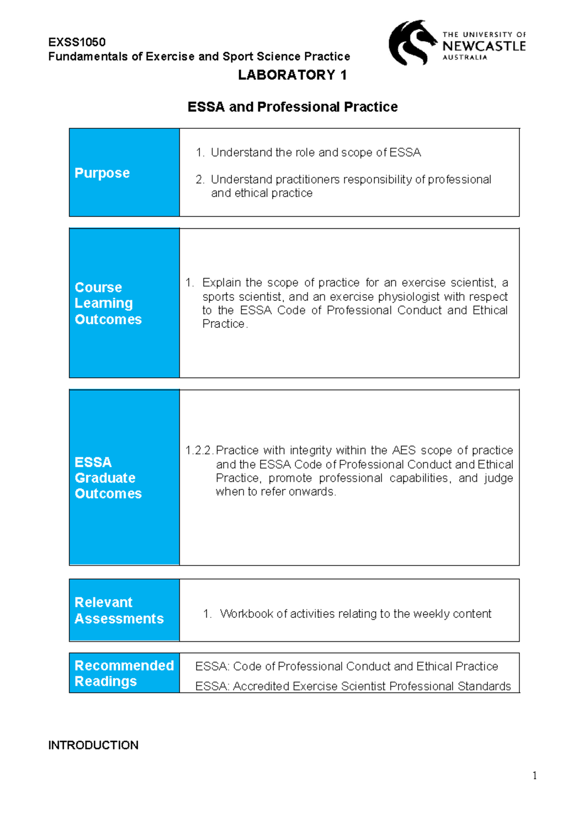 EXSS1050 Laboratory 1: Understanding ESSA & Professional Practice - Studocu