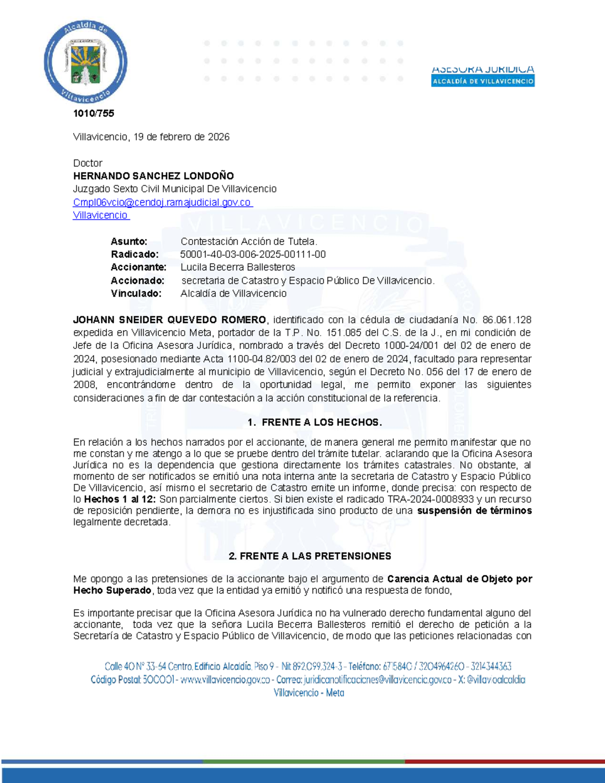 755 Contestación de Tutela - Alcaldía de Villavicencio - Studocu