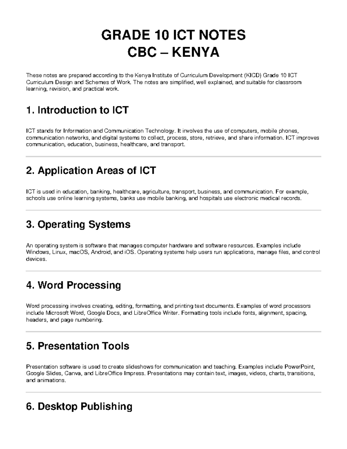 Grade 10 ICT Notes - KICD Curriculum Overview - Studocu