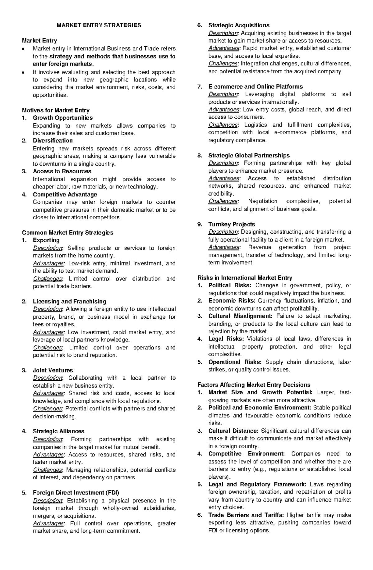 Market Entry Strategies in International Business and Trade - Studocu