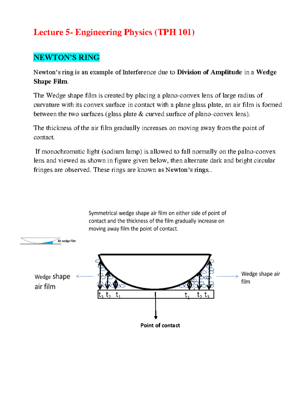 Lecture Notes 5 - Interference and Newton's Rings (TPH 101) - Studocu
