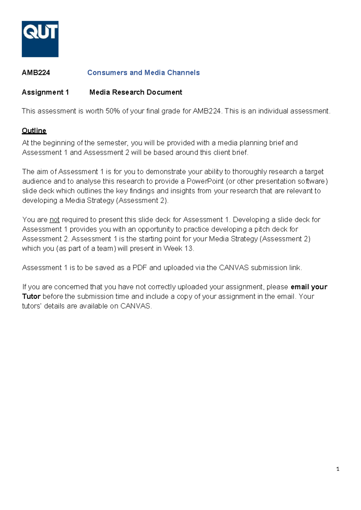 Assessment 1 Media Research Document Outline - AMB224 Consumers and ...