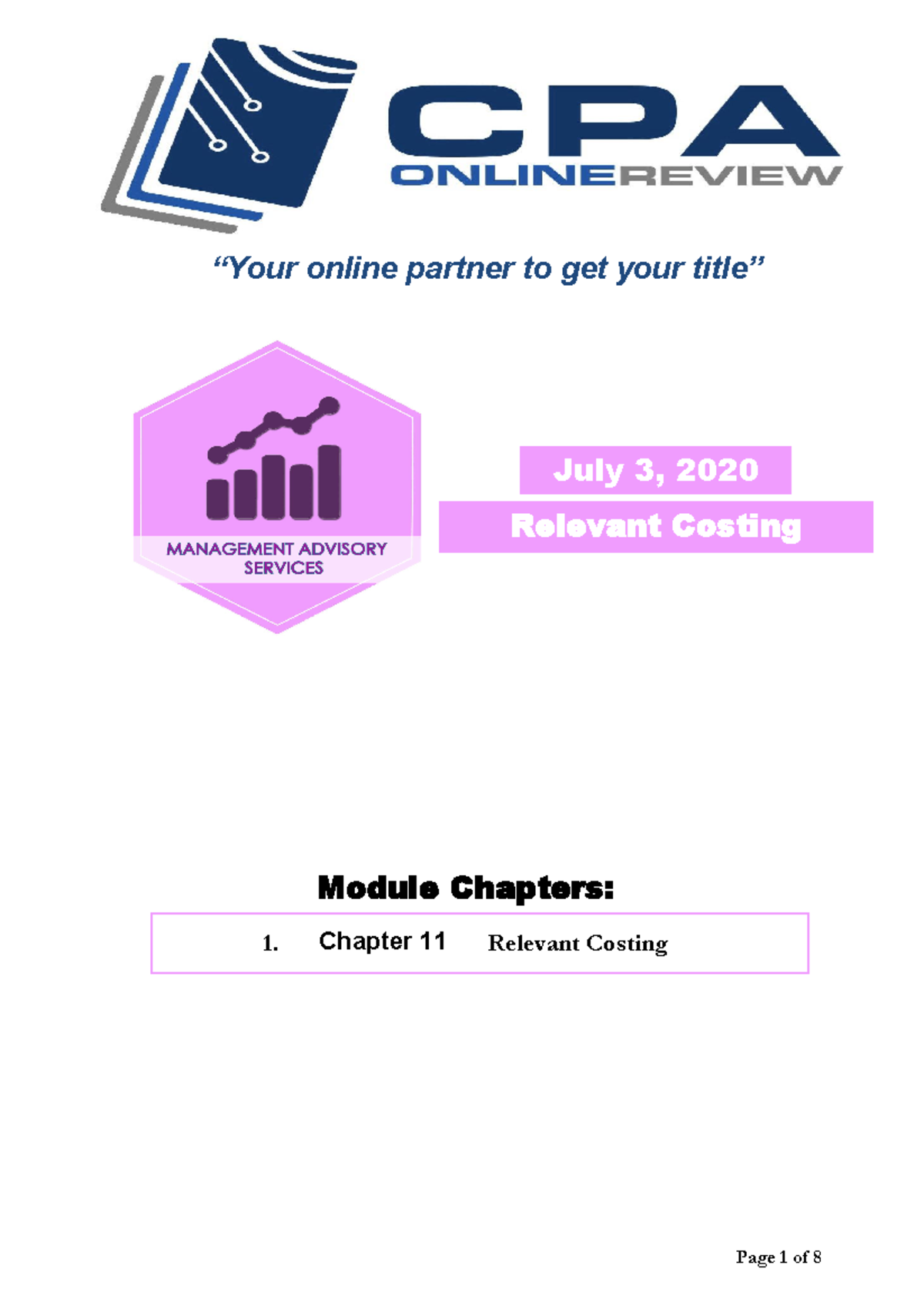 MAS 11 Relevant Costing Lecture Notes: Key Concepts and Decisions - Studocu