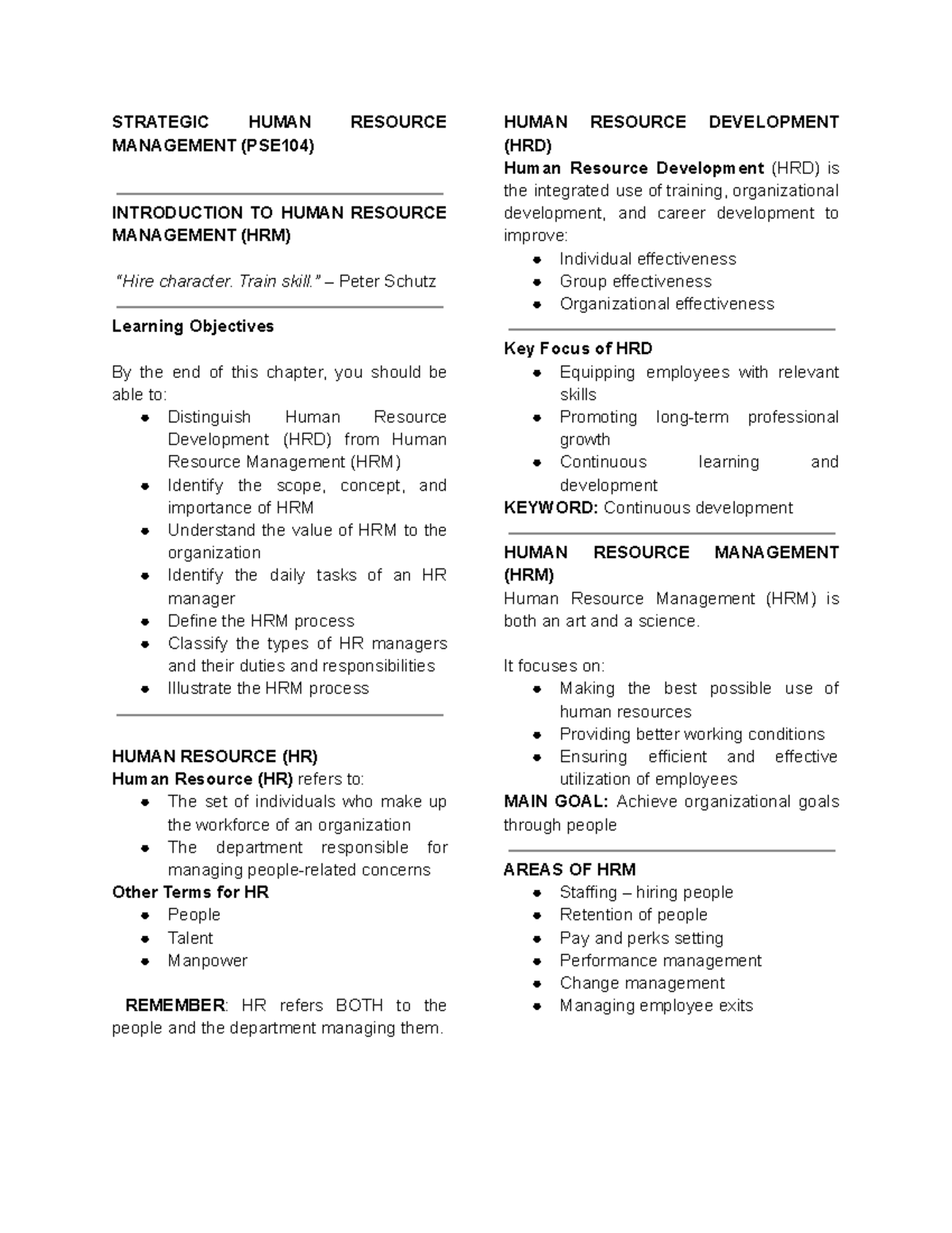 PSE104 Human Resource Management (HRM) Overview and Key Concepts - Studocu