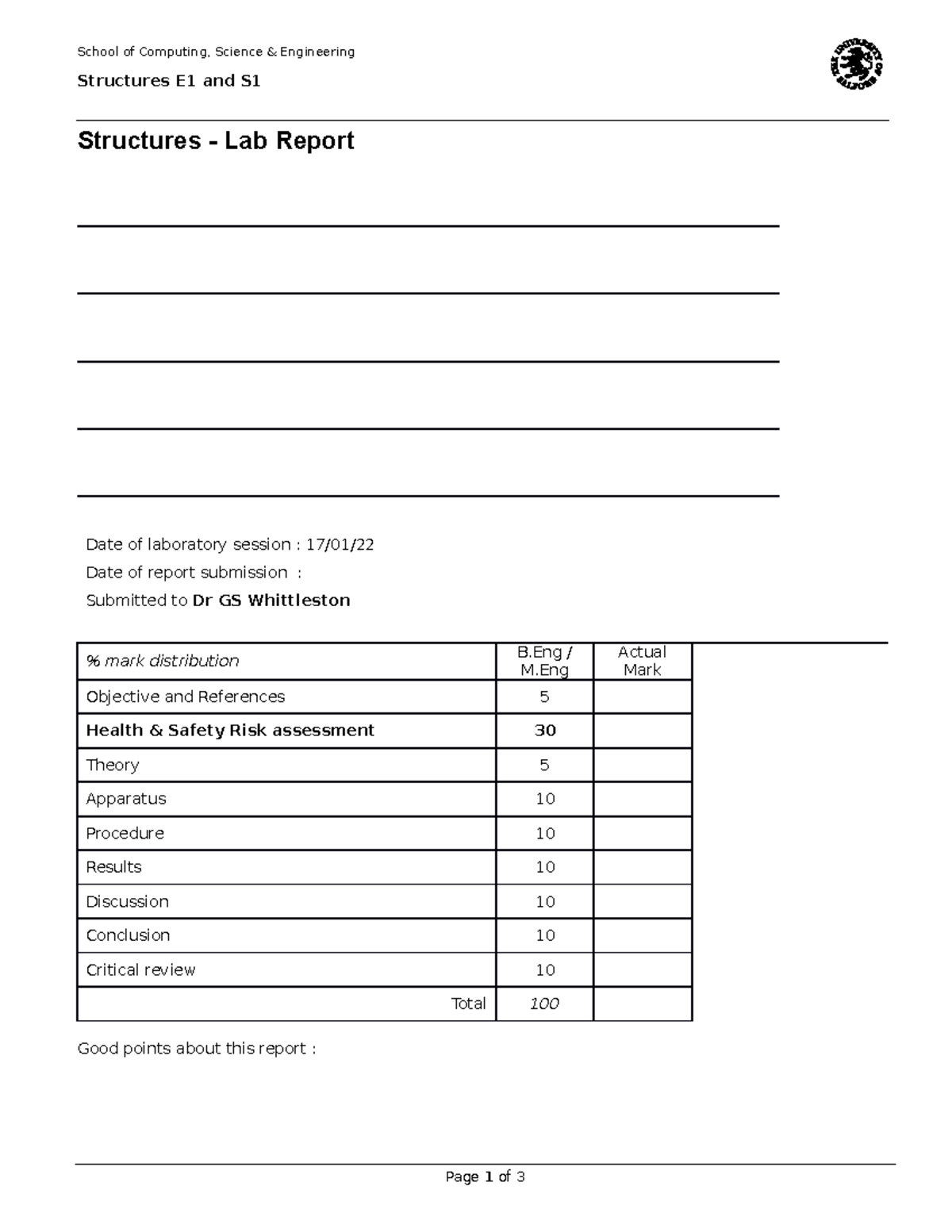Structures E1 and S Lab Report - Assessment & Recommendations - Studocu