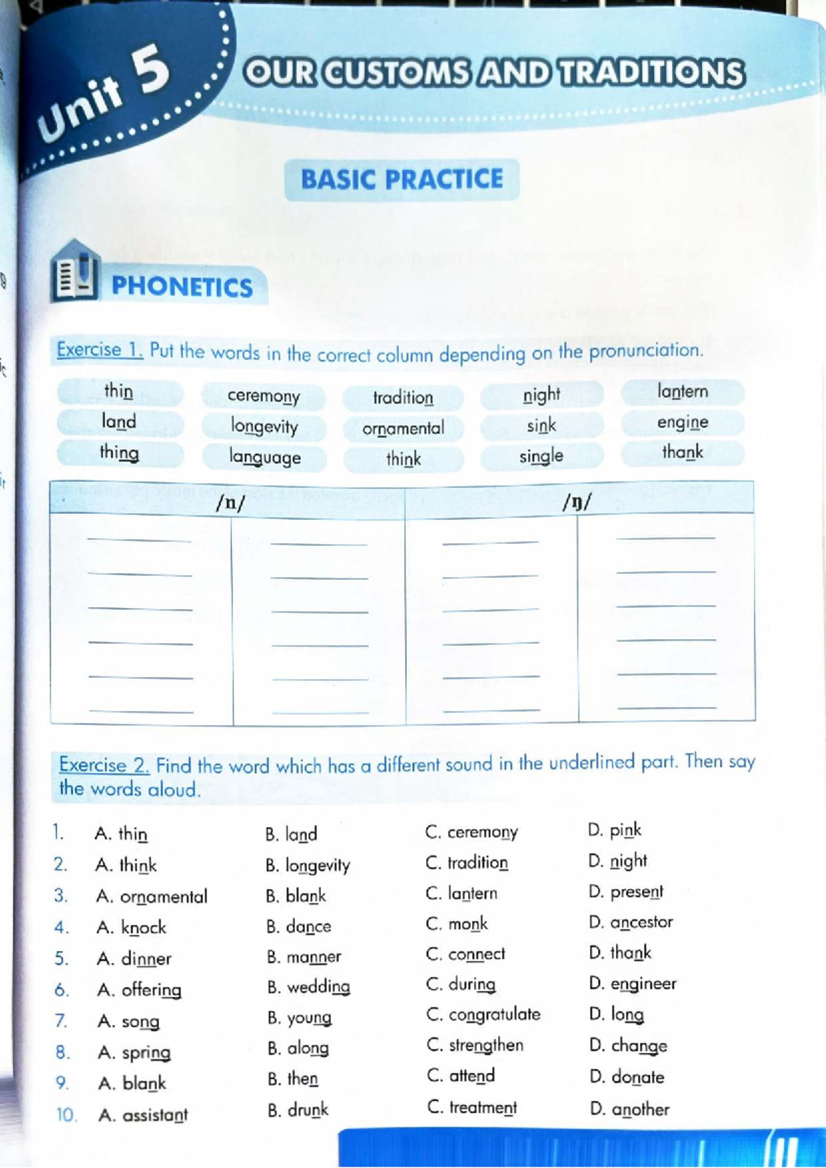 Unit 5: Our Customs and Traditions - Phonetics & Vocabulary Exercises ...