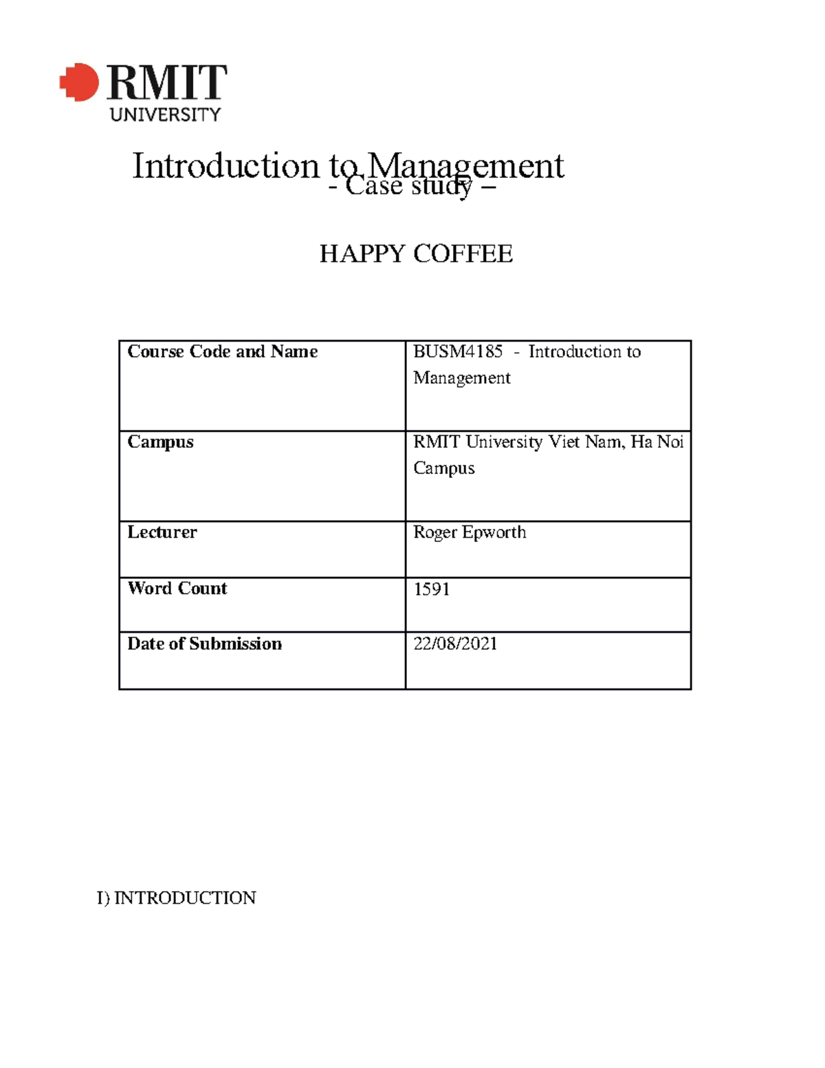 ITM ASM 1 - DI - The first assignment of ITM with low DI grade - Case ...