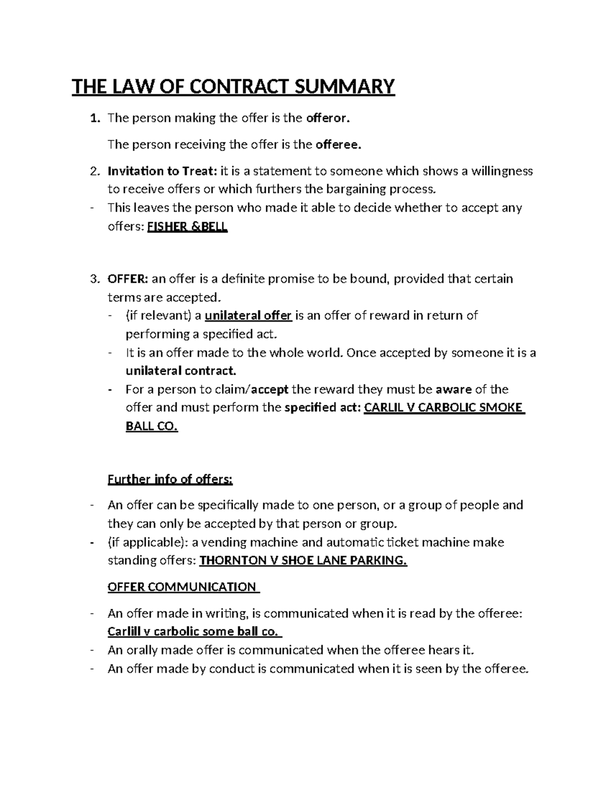 LAW OF CONTRACT SUMMARY: Key Concepts and Case References - Studocu