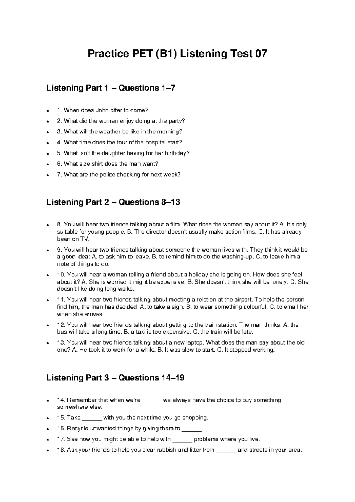 PET B1 Listening Test 07: Practice Questions and Answers - Studocu