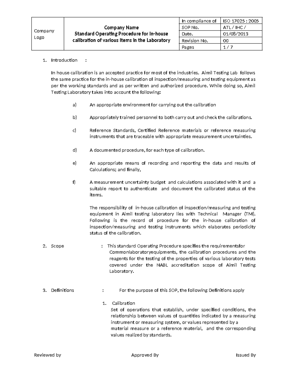 SOP for In-House Calibration of Laboratory Equipment - ISO 17025:2005 ...