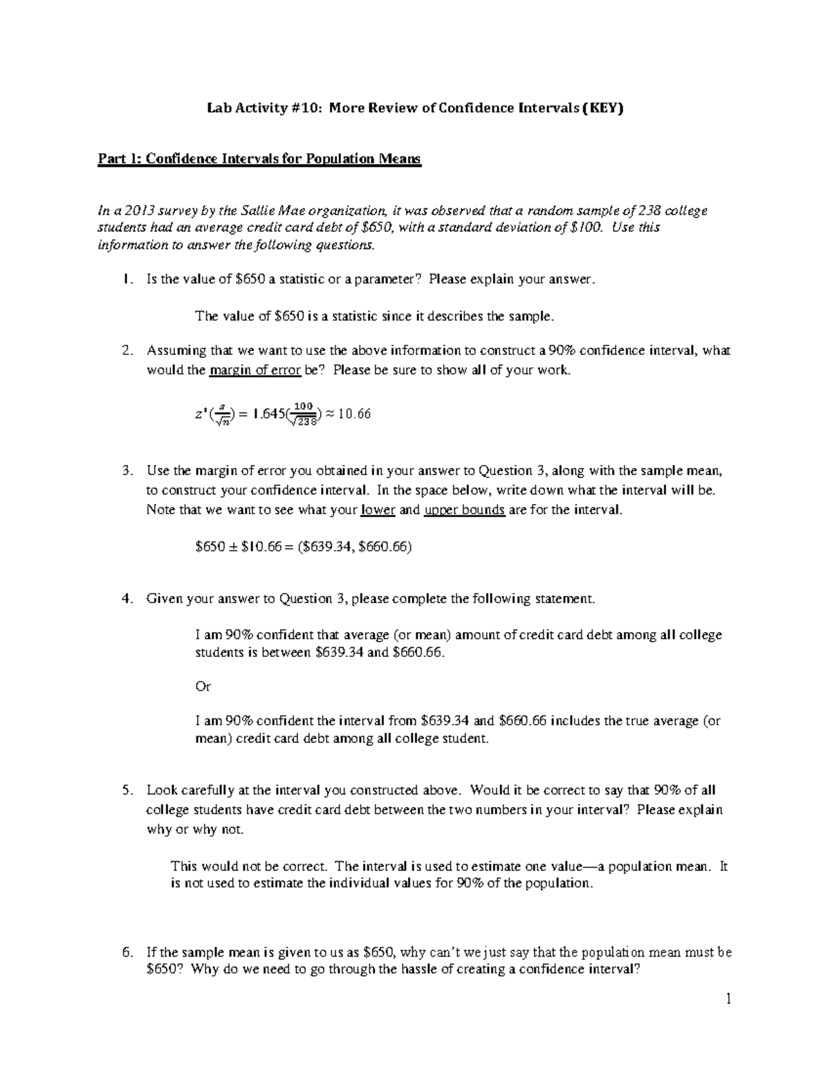 Lab10 More Confidence Intervals KEY - Lab Activity # 10 : More Review ...
