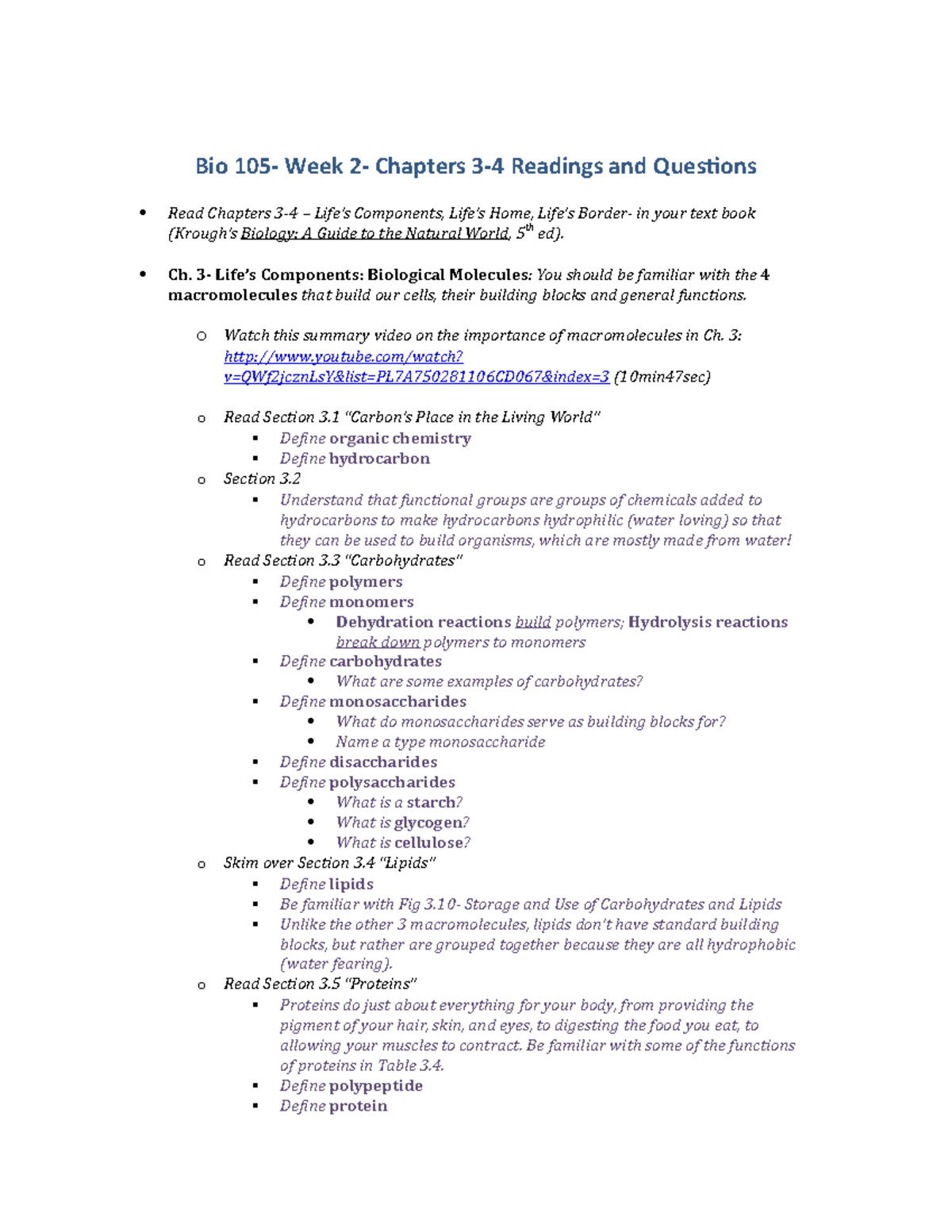 Bio 105 - Week 2 Handout: Chapters 3-4 Readings & Key Questions - Studocu
