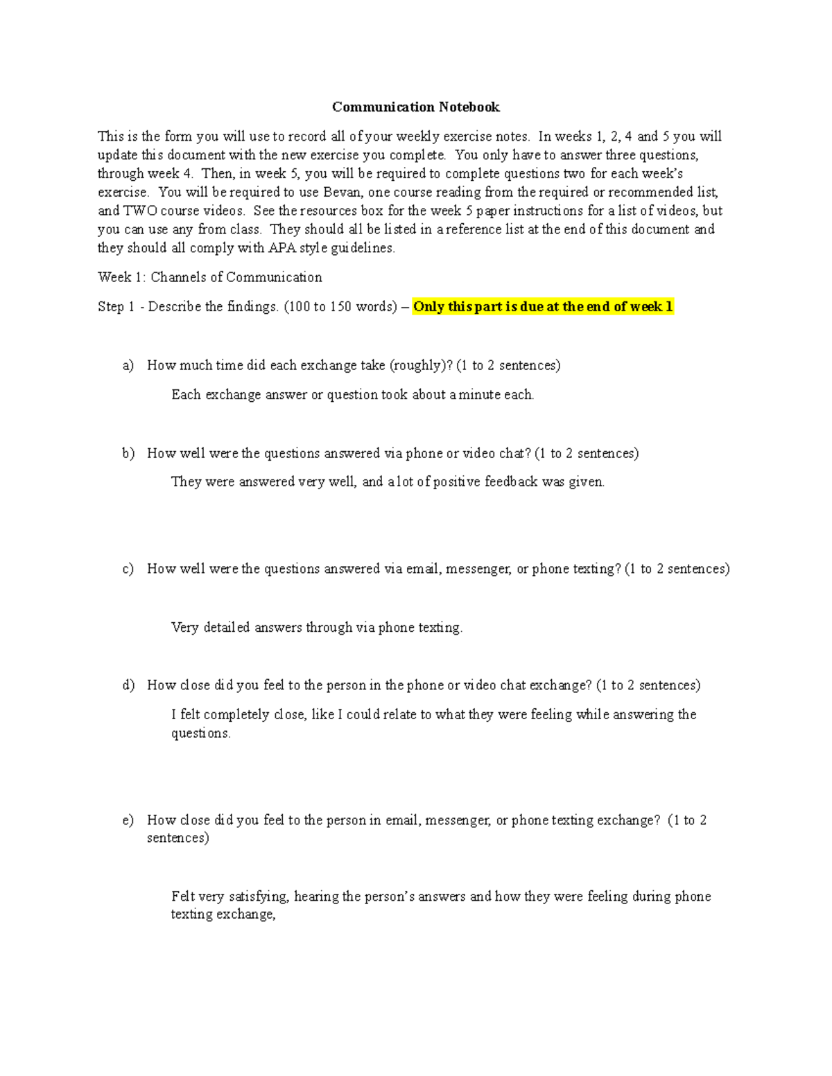 Communication Notebook Week 1 - Communication Notebook This is the form ...