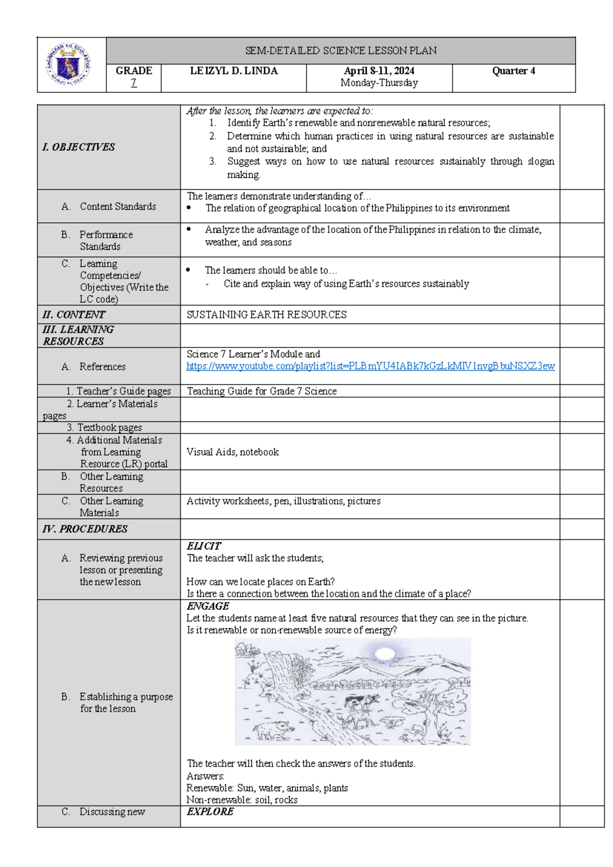 LP Lesson Plan on Sustaining Earth's Resources for Grade 7 - Studocu