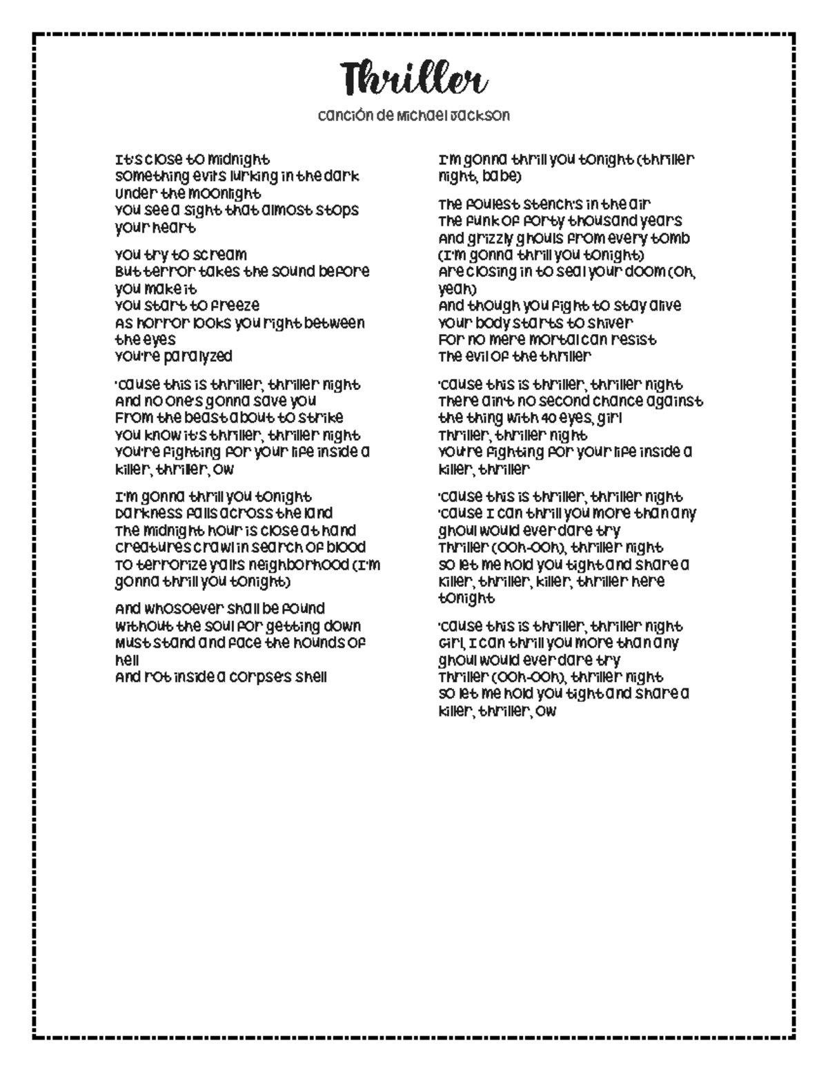 Canción de Thriller de Michael Jackson - Análisis y Letras - Studocu