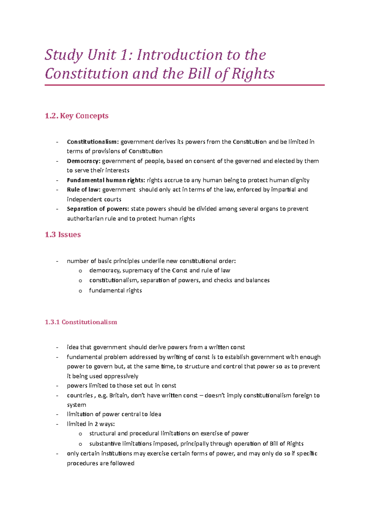 FUR2601 Study Notes on the Constitution & Bill of Rights - Studocu