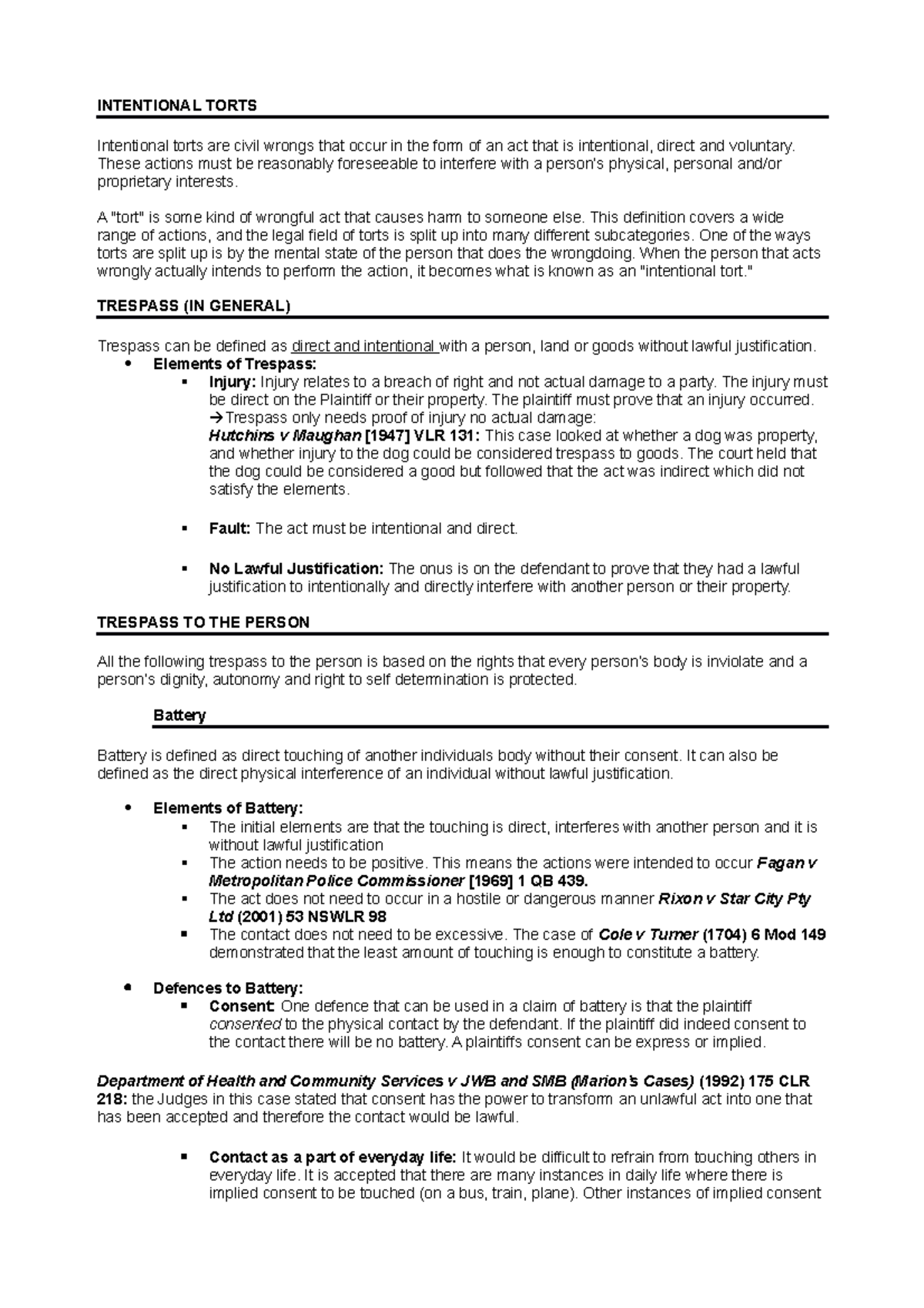 Intentional Torts Study Notes - Key Concepts and Case Law - Studocu
