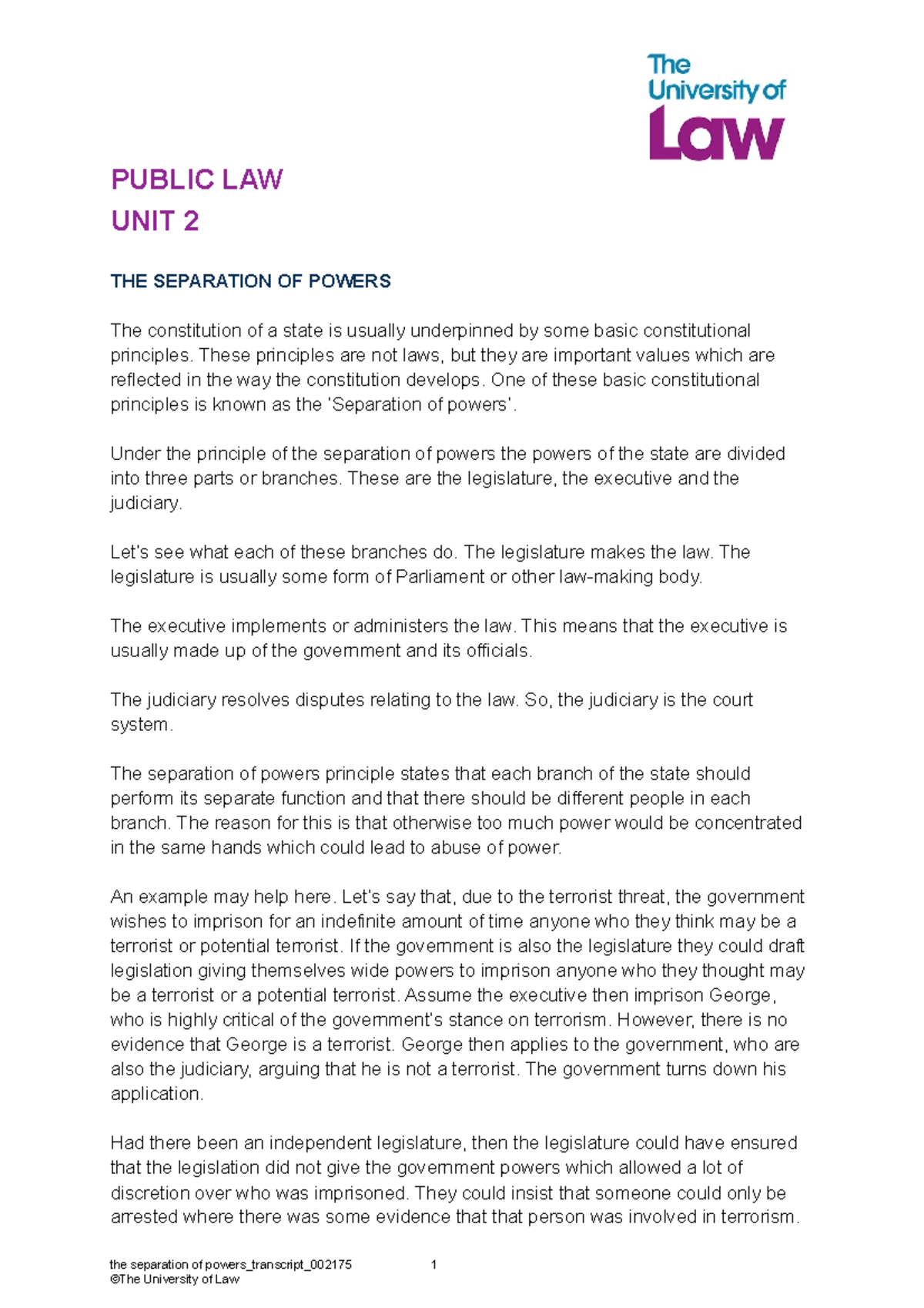 Separation of Powers in Public Law - Unit 2 Overview - Studocu