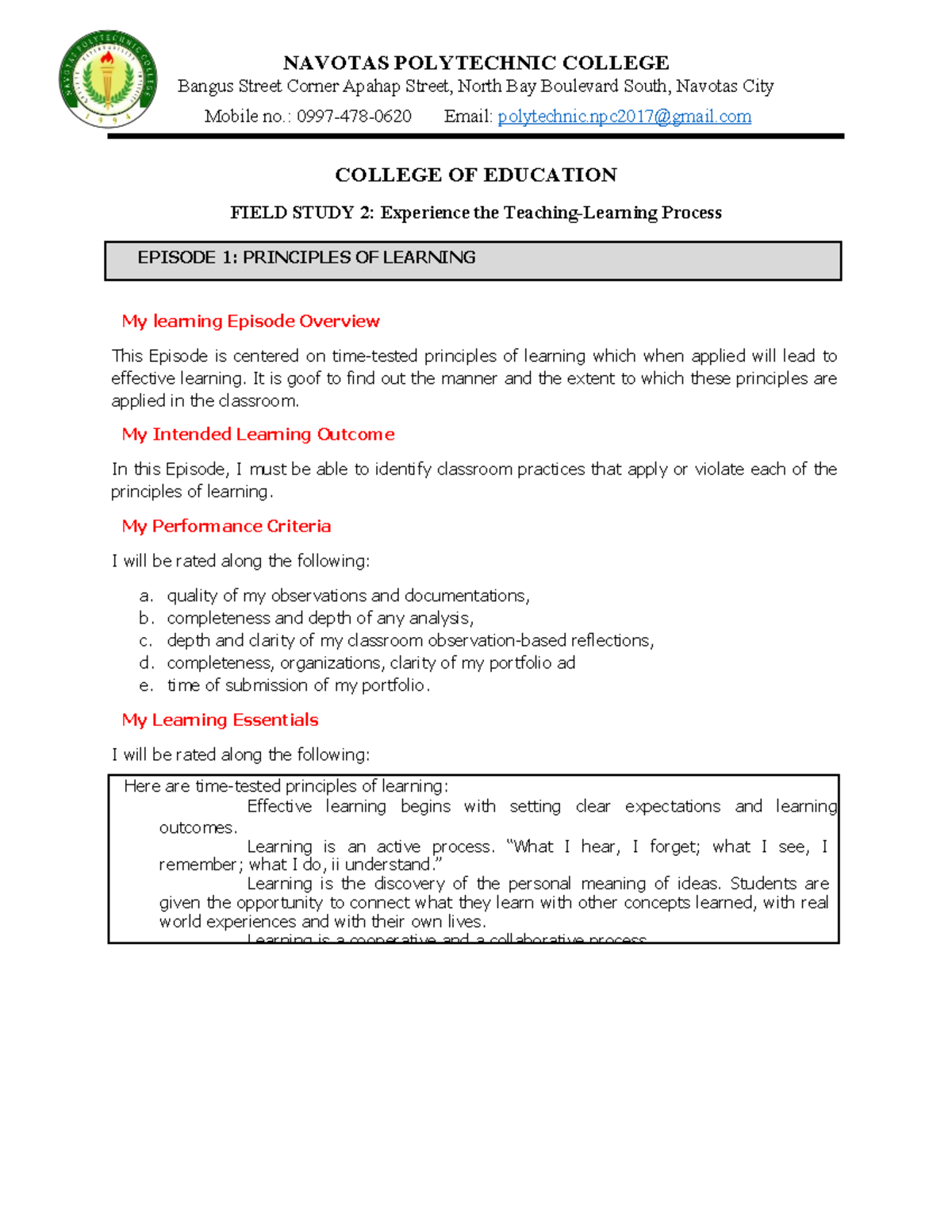 Field Study 2 Episode 1: Observing Principles of Learning in Practice ...