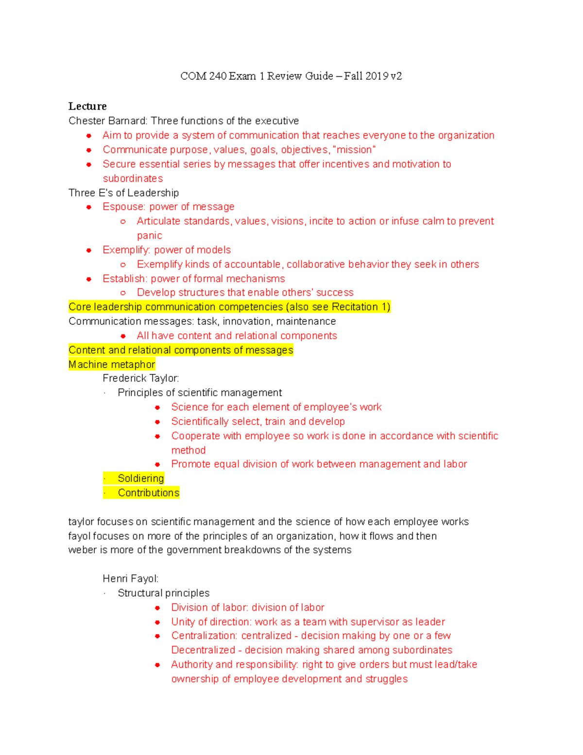 Exam one review - COM 240 Intro to Organizational Communication - COM ...