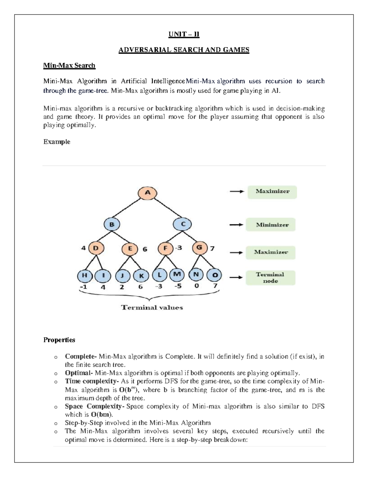 AI UNIT II - Adversarial Search & Game Algorithms Notes - Studocu