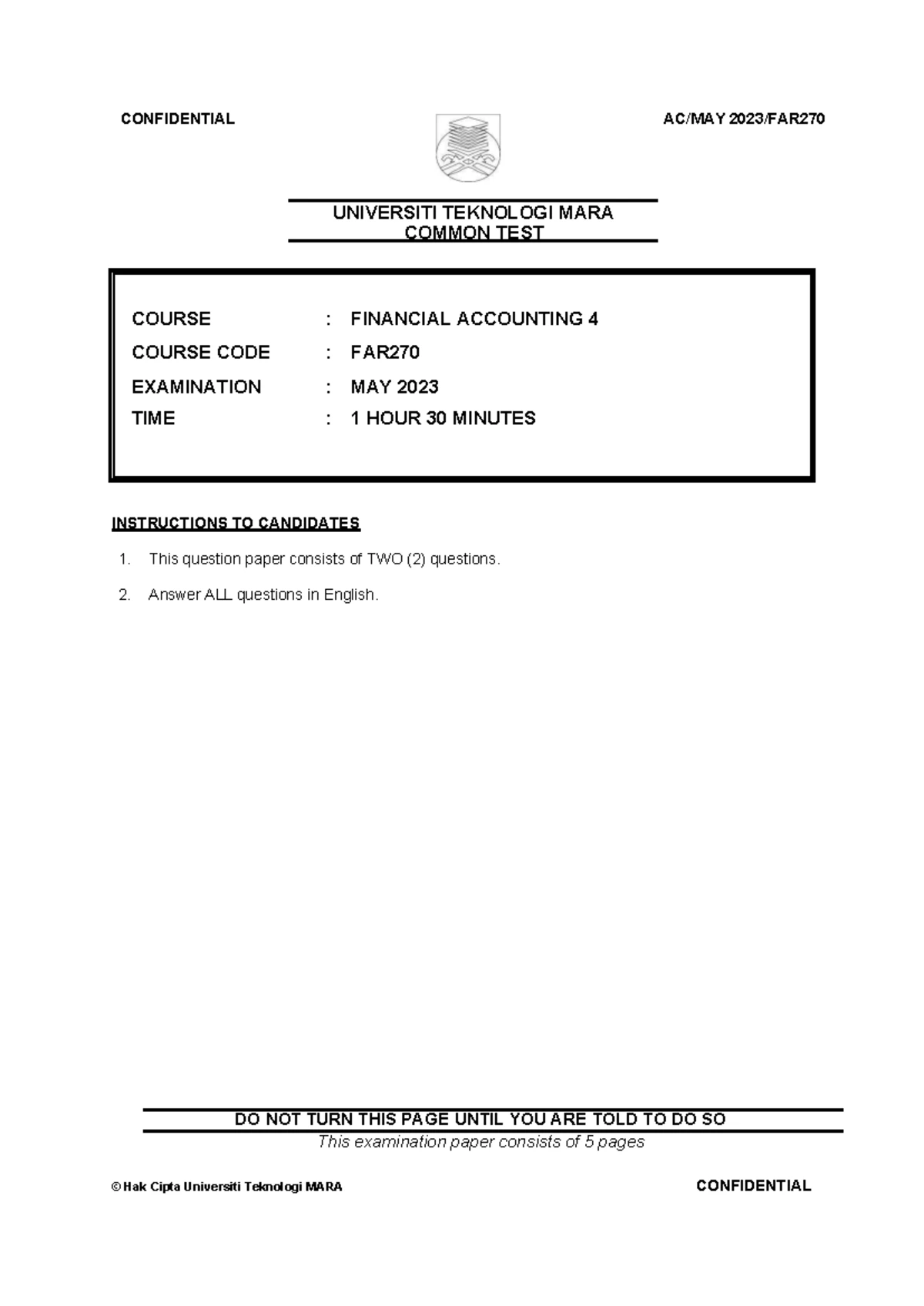 TEST 2 MAF251 COST & MANAGEMENT ACCOUNTING JUNE 2022 EXAM PAPER - Studocu