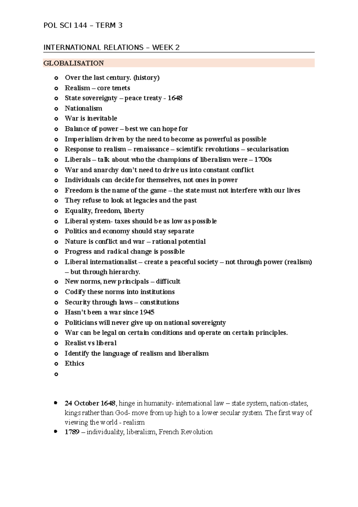 Political Science 144 Lecture Notes: International Relations Overview ...