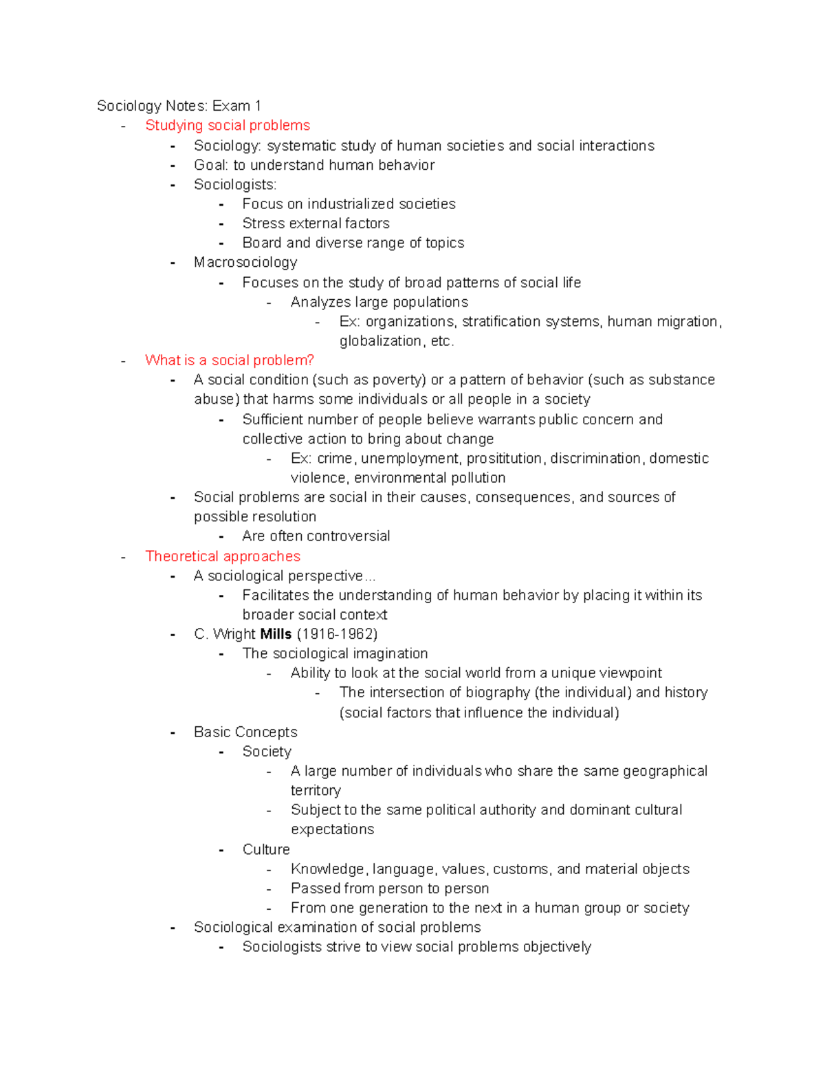 Sociology Exam 1 Notes - Key Concepts and Social Issues - Studocu