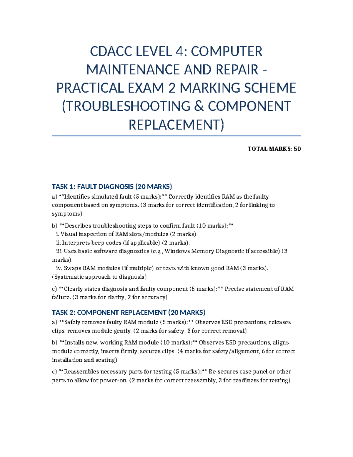 CDACC LEVEL 4: COMPUTER MAINTENANCE PRACTICAL EXAM 2 MARKING SCHEME ...