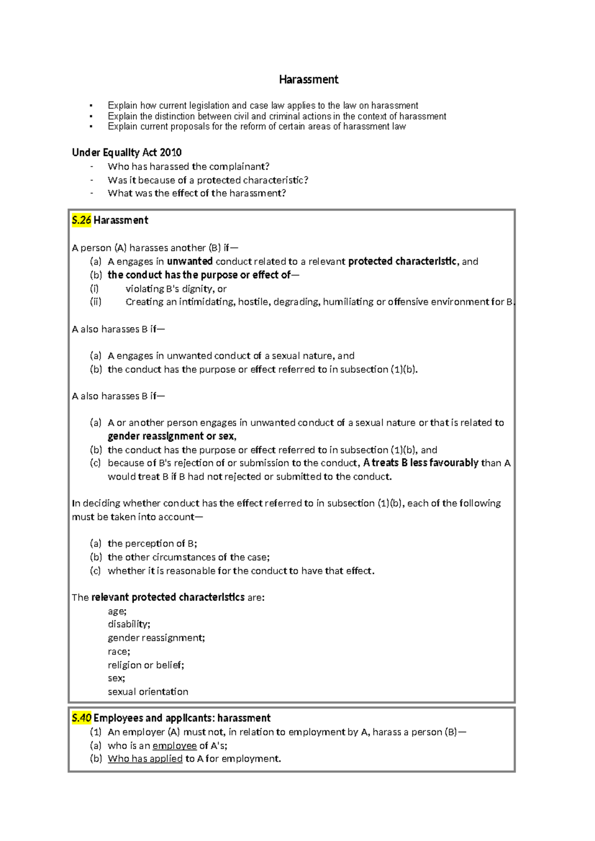 Harassment Law Notes - LG & WS Overview and Current Proposals - Studocu