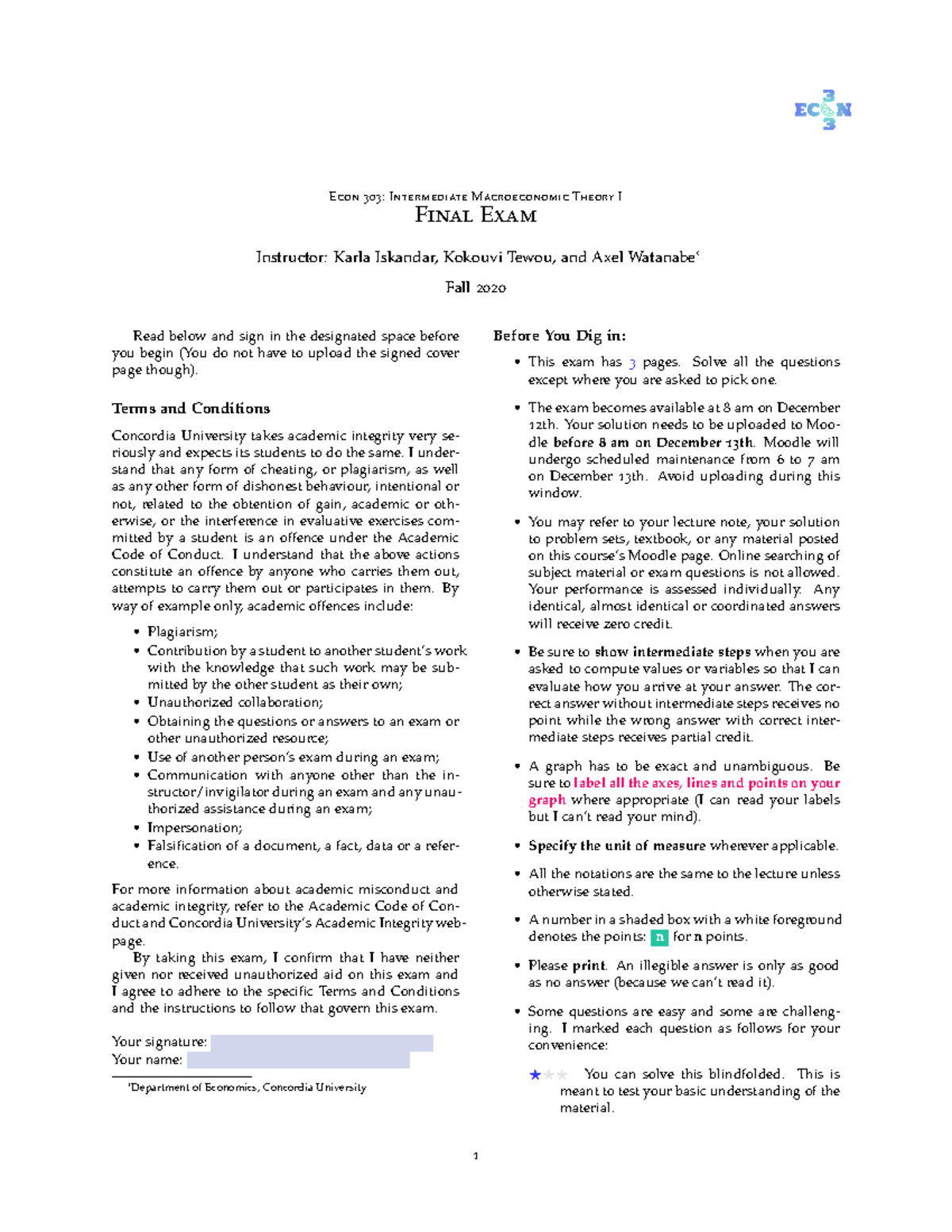 Sample/practice exam Spring 2020, questions - Econ 303 ...