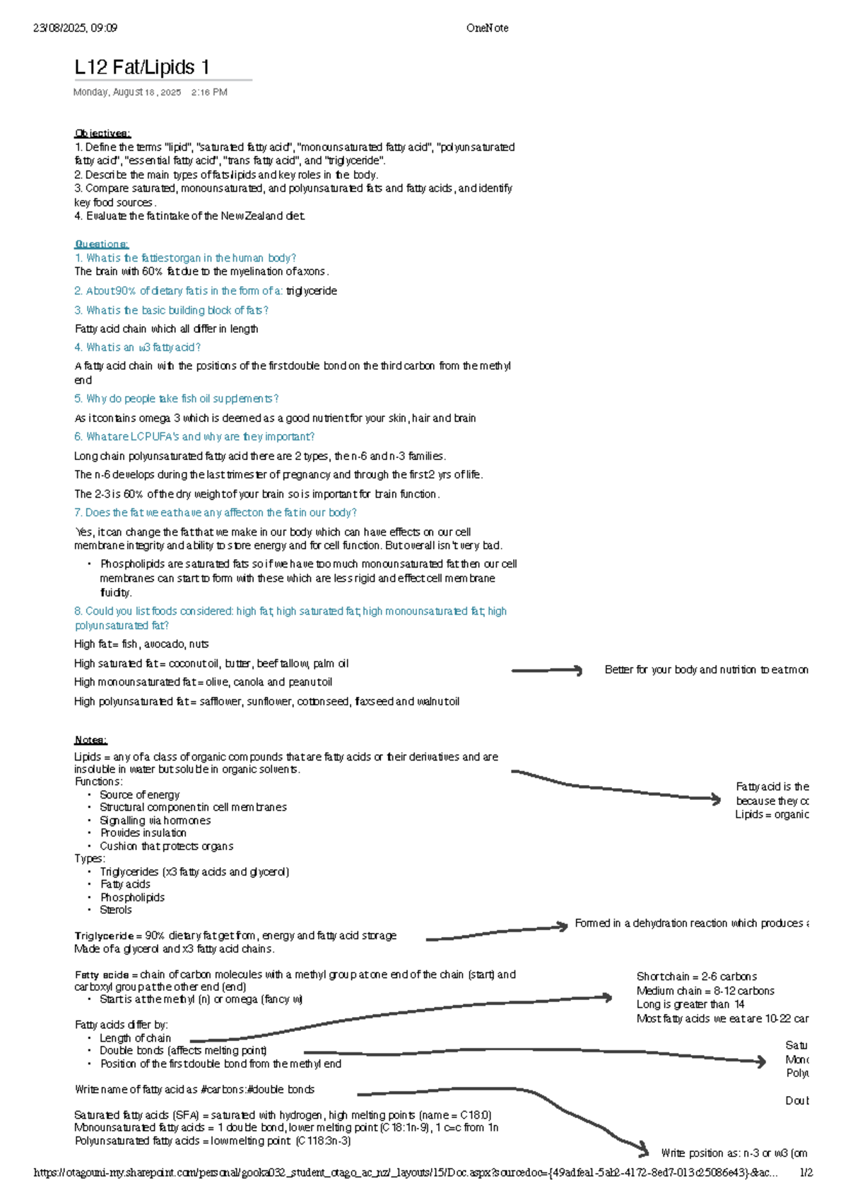 HUNT141 L12 - Summary Notes on Fats and Fatty Acids - Studocu