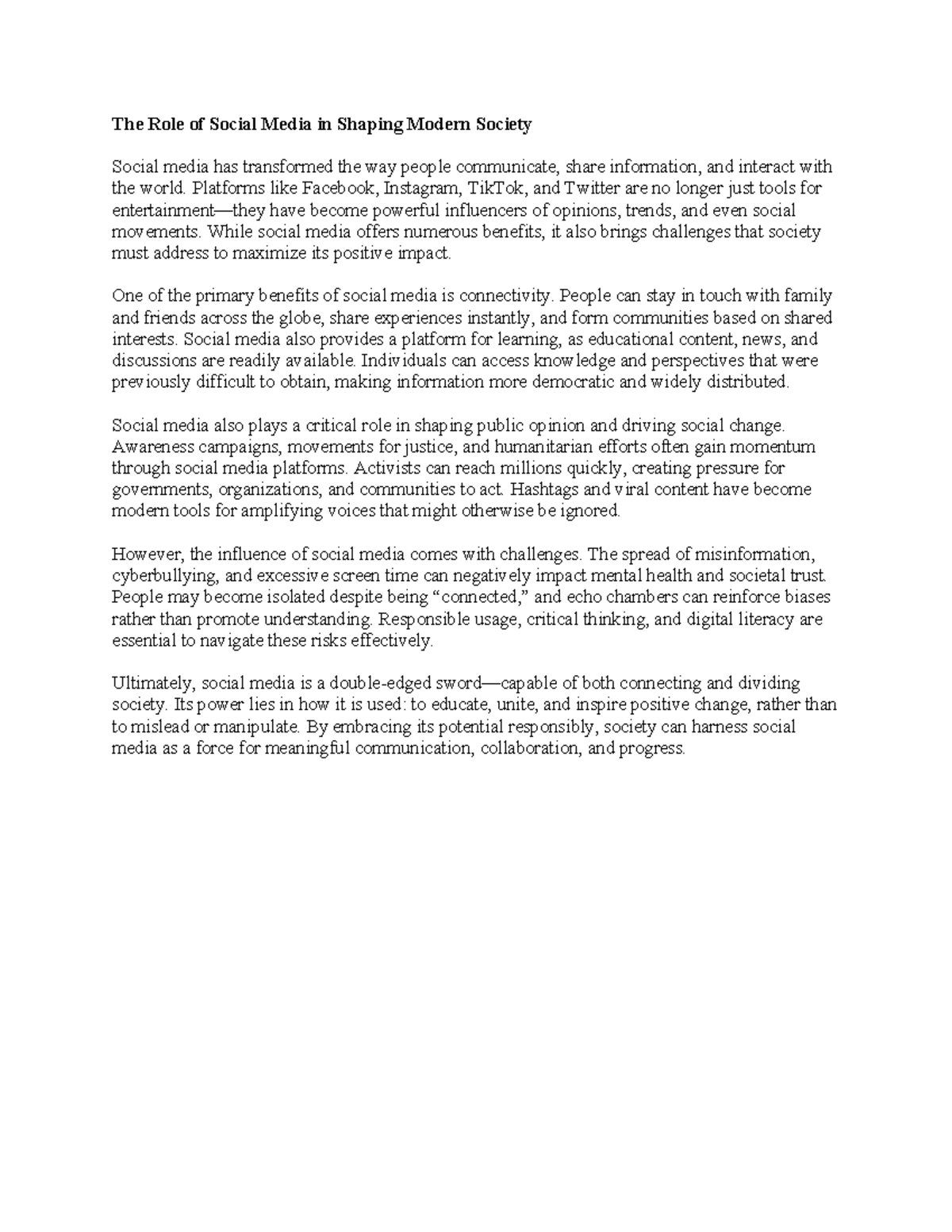 The Impact of Social Media on Modern Society: An Essay Analysis - Studocu