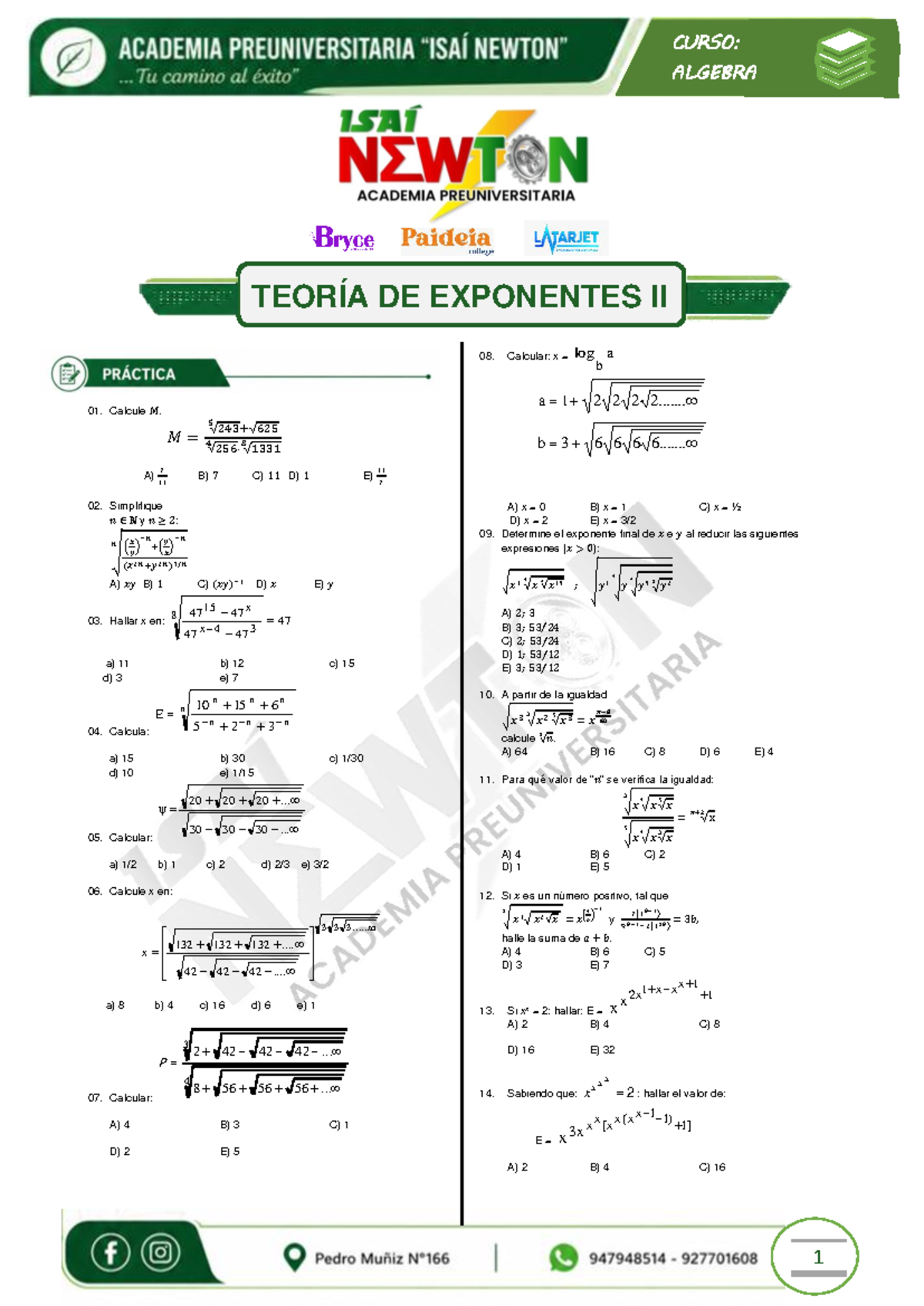 Teoría de Exponentes II - CURSO: ALGEBRA - N° 02 - Studocu