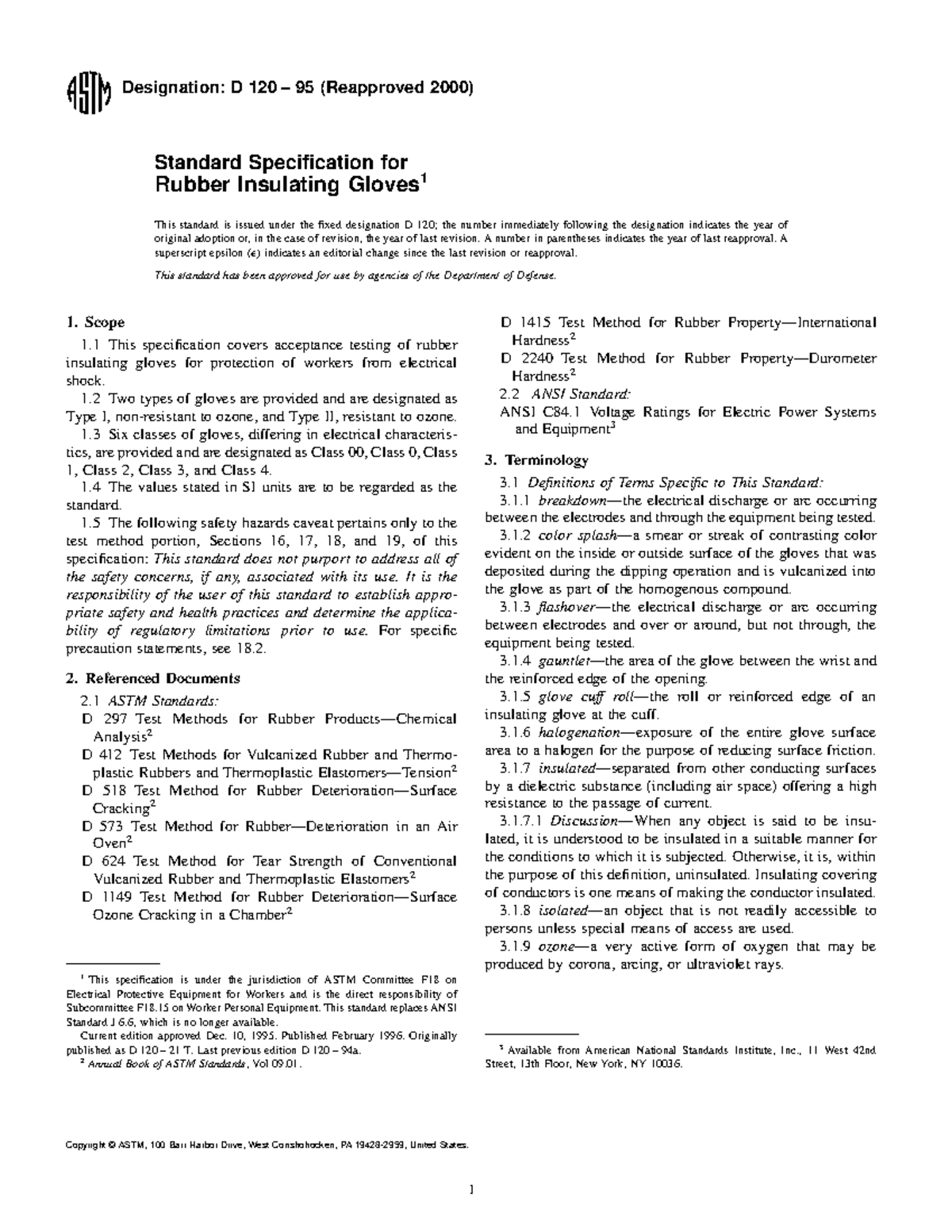 Reapproved Standard Specification for Rubber Insulating Gloves D 120 95 ...