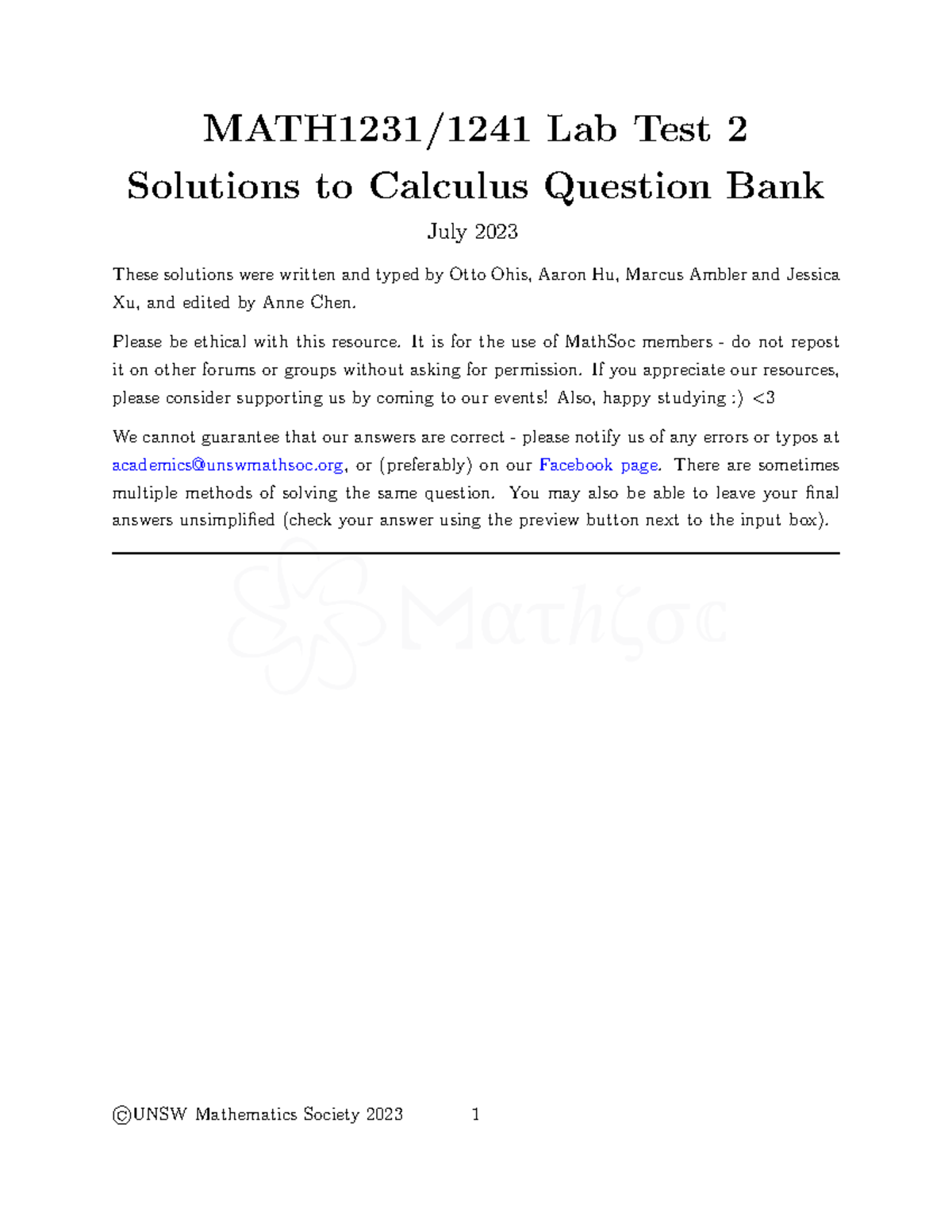 MATH1231 Lab Test 2 Solutions: Calculus Question Bank & Answers - Studocu