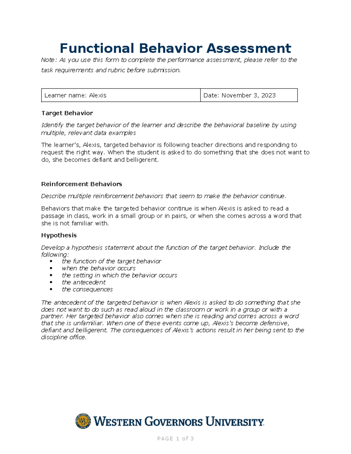 D001 - Task 1 - Functional Behavior Assessment & BIP - Alexis - Studocu