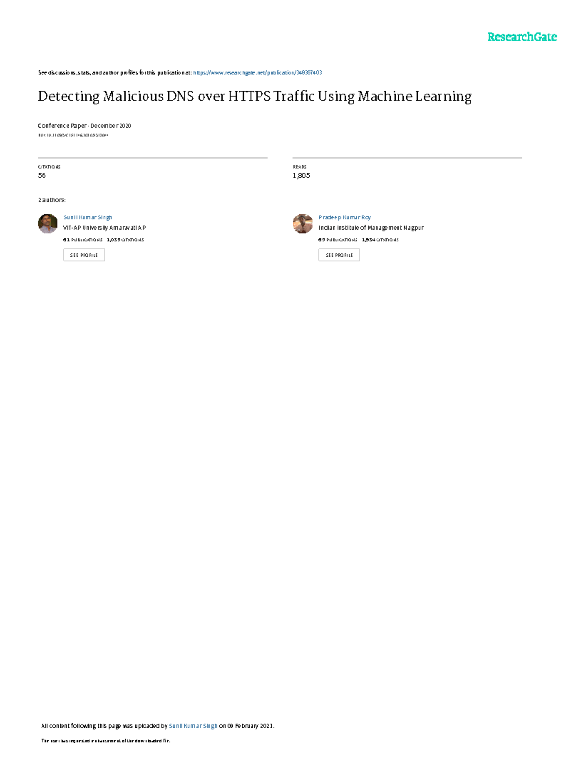 Detecting Malicious DNS over HTTPS Traffic Using ML - IEEE 2021 - Studocu