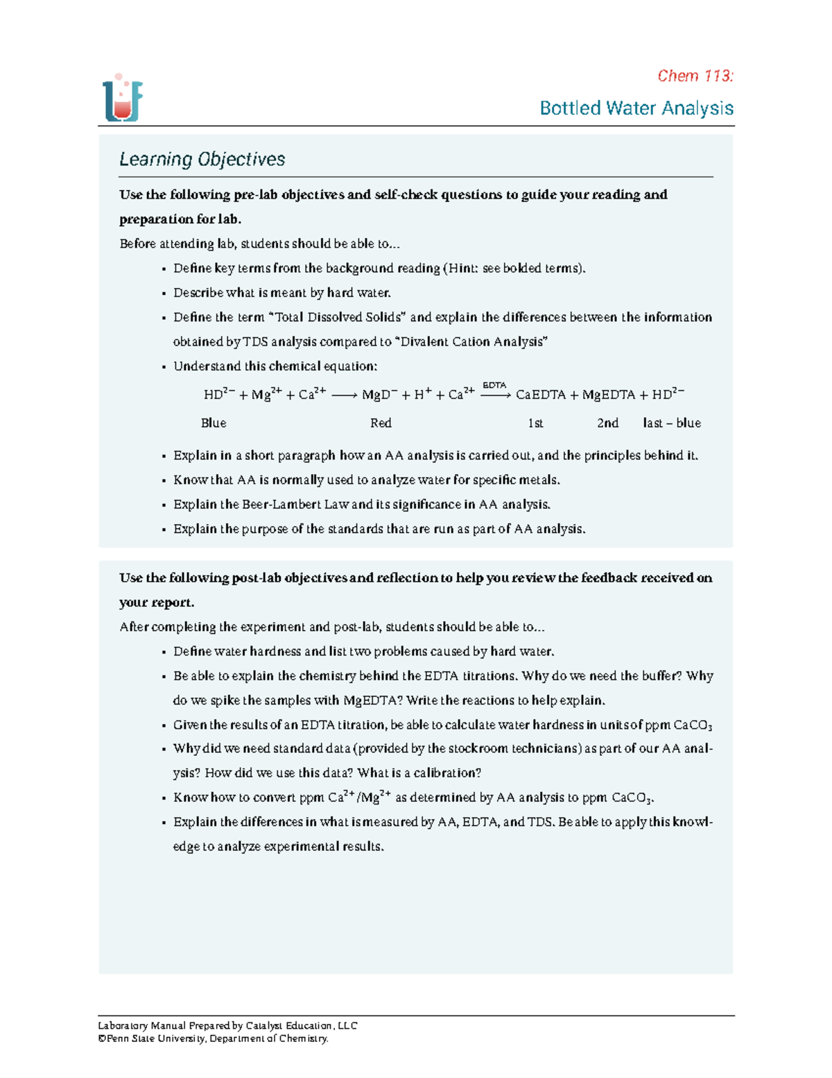 Chem 113: Lab Manual for Bottled Water Analysis and Hardness ...